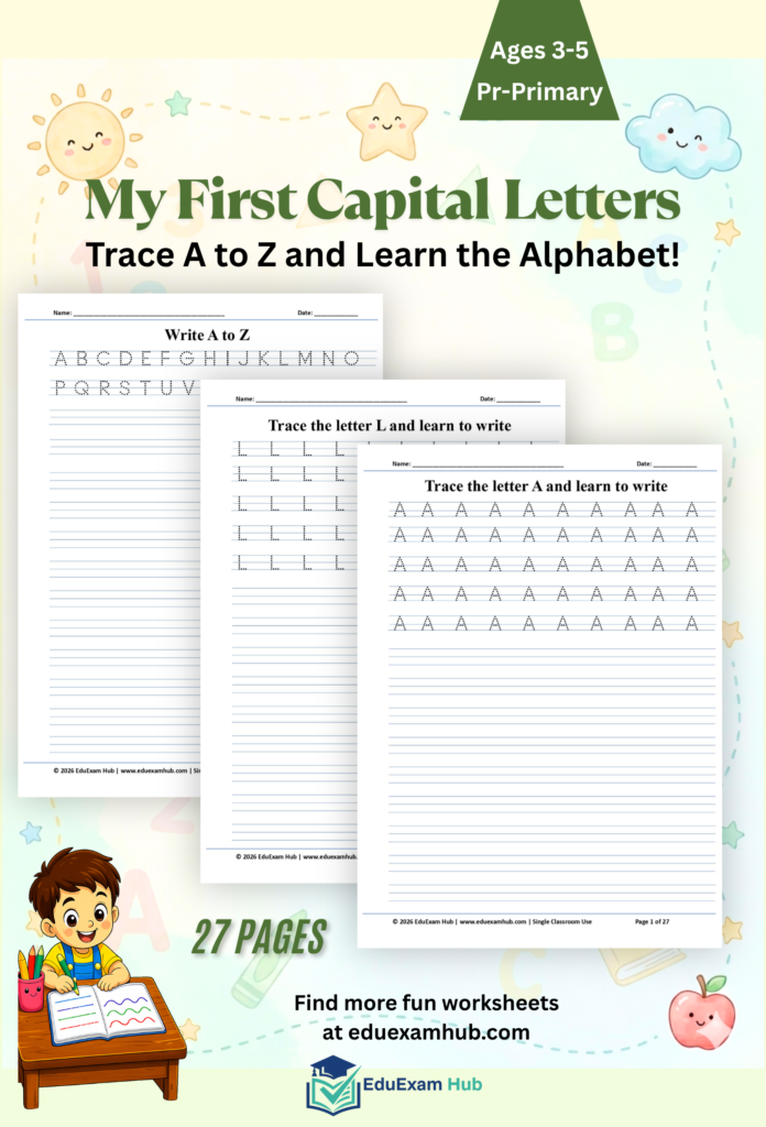 Complete A to Z capital letter tracing review worksheet for kindergarten students.