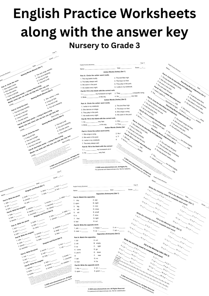 english practice worksheets for kids (35 pages) with answer key | grammar & vocabulary bundle
