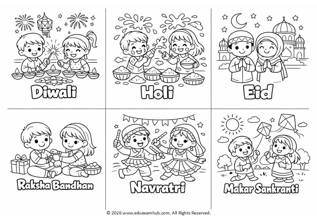 ultimate festival coloring pages bundle | diwali, holi, christmas, eid, raksha bandhan & navratri printable pack for kids & adults