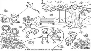 garden playtime coloring page for kids | fun outdoor activity sheet