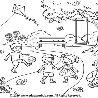 garden playtime coloring page for kids | fun outdoor activity sheet