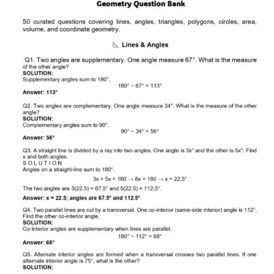 geometry practice questions pdf – 10 page question bank for exams | math worksheets with answers