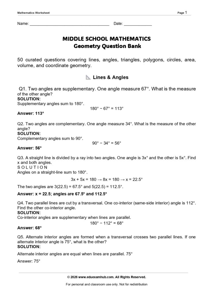 geometry practice questions pdf – 10 page question bank for exams | math worksheets with answers