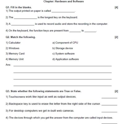 computer hardware and software – 20 marks test paper | class worksheet with answer key