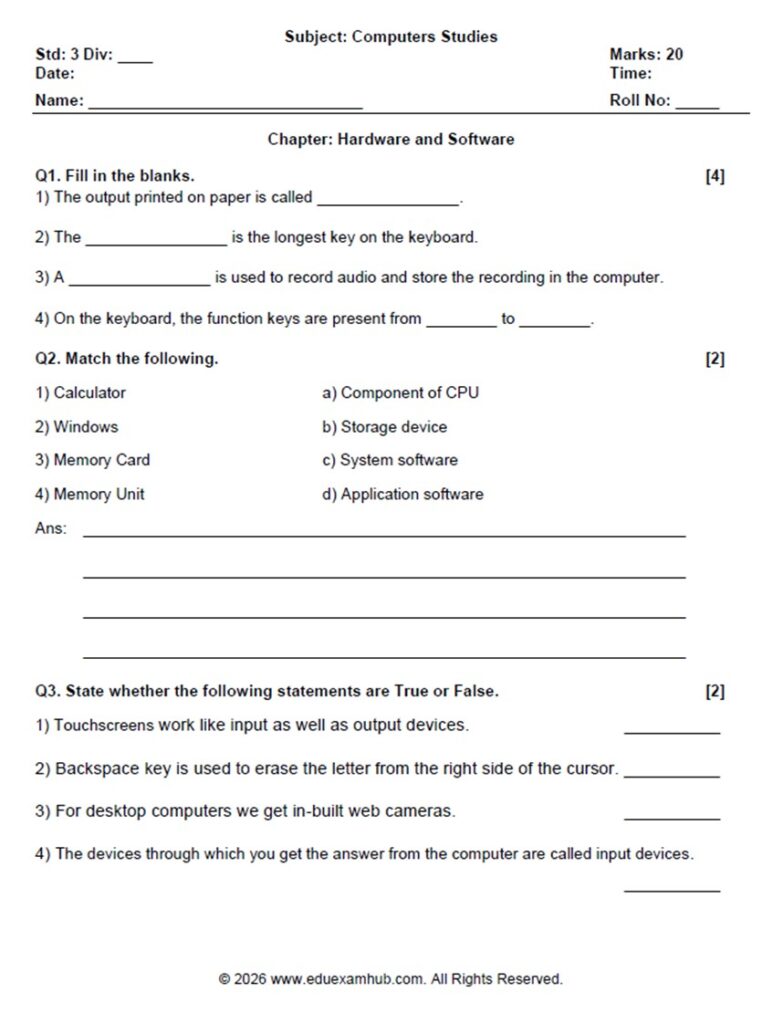 computer hardware and software – 20 marks test paper | class worksheet with answer key