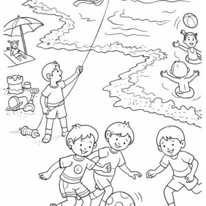 beach scene coloring page printable | summer vacation coloring sheet for kids & adults