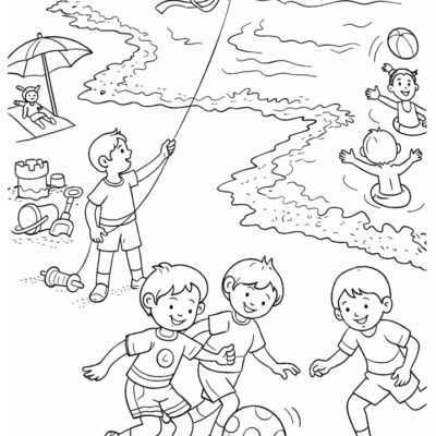 beach scene coloring page printable | summer vacation coloring sheet for kids & adults