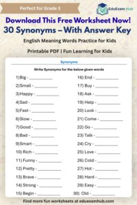 free 30 english synonyms worksheet with answer key