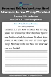 free cleanliness cursive writing worksheet | 1 page pdf printable