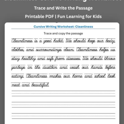 free cleanliness cursive writing worksheet | 1 page pdf printable