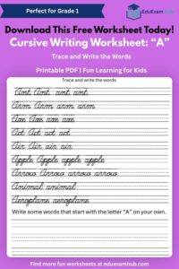 free cursive writing worksheet – letter “a” | 1 page pdf printable
