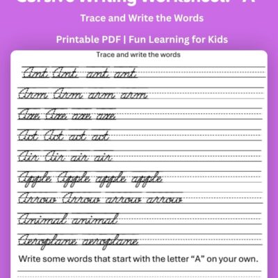 free cursive writing worksheet – letter “a” | 1 page pdf printable
