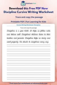free discipline cursive writing worksheet | 1 page pdf printable