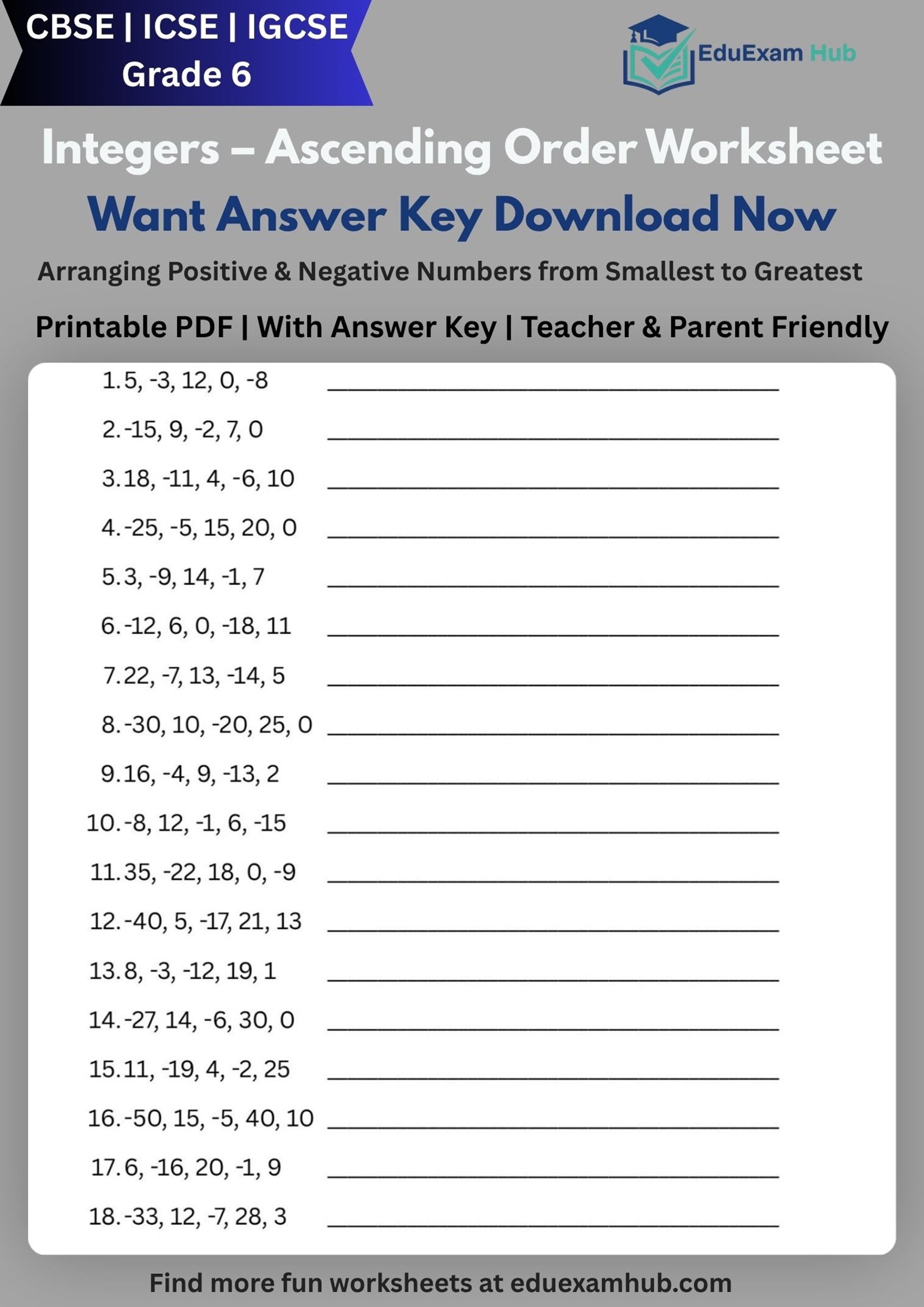 Free Integers – Ascending Order Worksheet | Grade 6 Free Integers – Ascending Order Worksheet | Grade 6