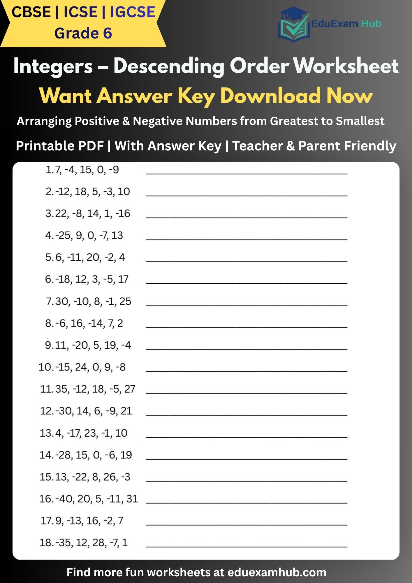 free integers – descending order worksheet | grade 6 free integers – descending order worksheet | grade 6