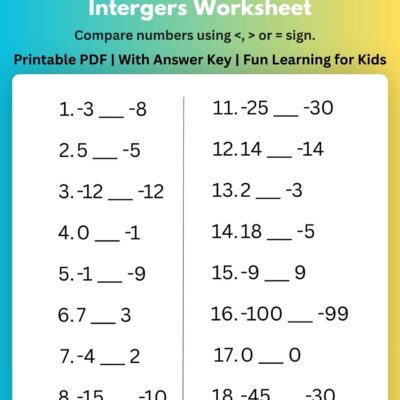 free integers comparison worksheet | grade 6