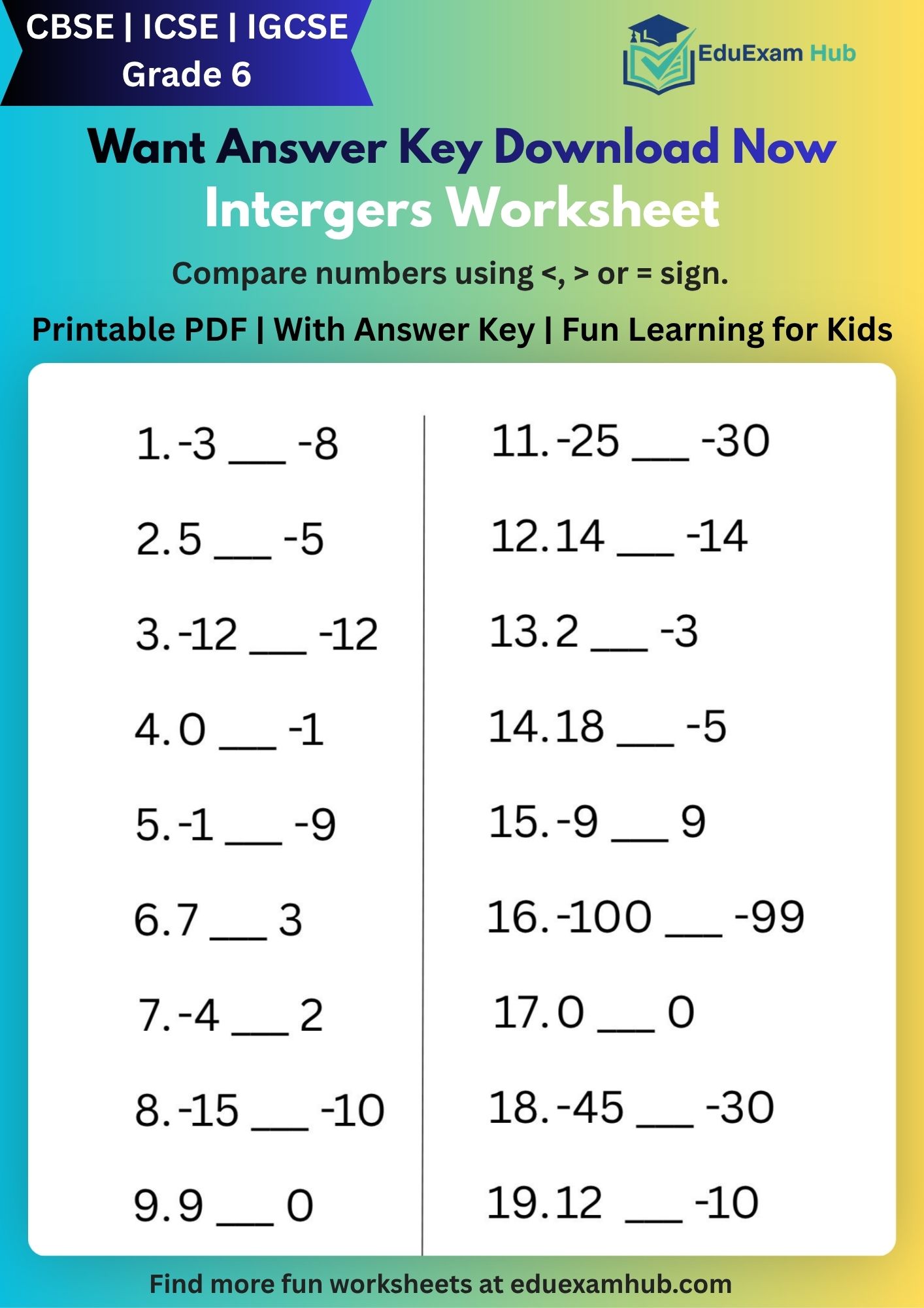 free integers comparison worksheet | grade 6 free integers comparison worksheet | grade 6