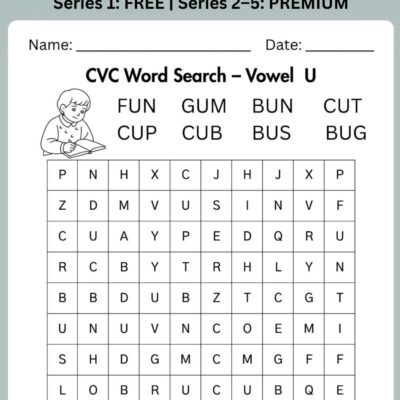 cvc word search – vowel u