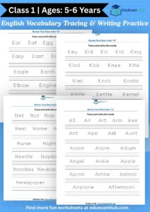class 1 english vocabulary tracing & writing practice