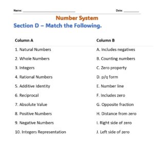 class 7 number system match the following
