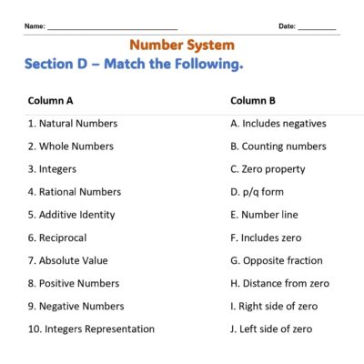 class 7 number system match the following
