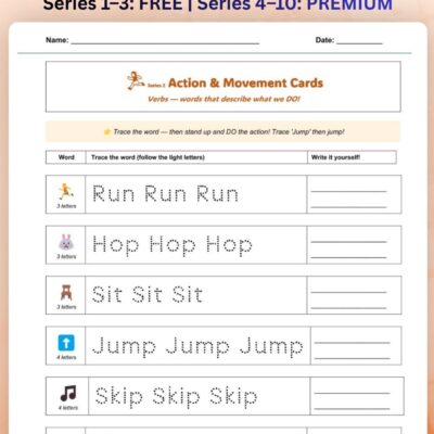 series 2 action & movement vocabulary tracing worksheet