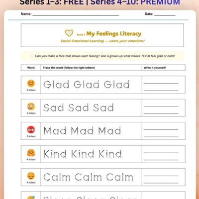 series 3 feelings vocabulary tracing worksheet