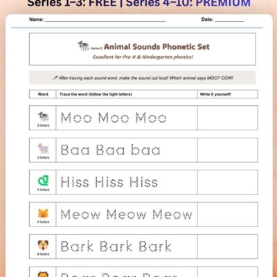 series 5 animal sounds phonics tracing worksheet
