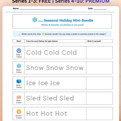 series 6 seasonal vocabulary tracing worksheet