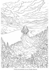 Girl in Mountain Landscape Coloring Page
