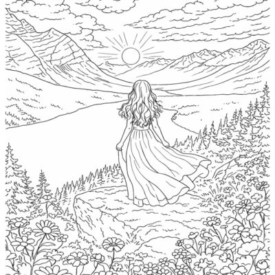 Girl in Mountain Landscape Coloring Page