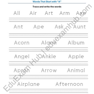class 1 letter a vocabulary tracing worksheet