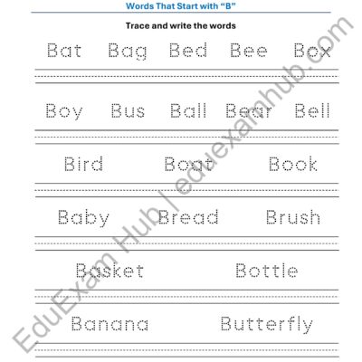 class 1 letter b vocabulary tracing worksheet
