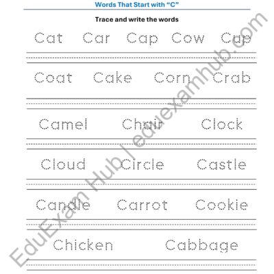 class 1 letter c vocabulary tracing worksheet