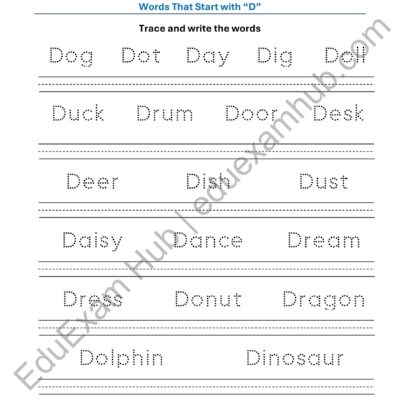 class 1 letter d vocabulary tracing worksheet