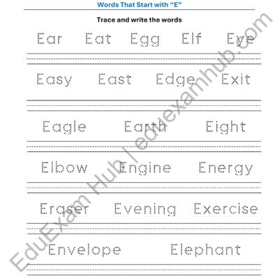 class 1 letter e vocabulary tracing worksheet