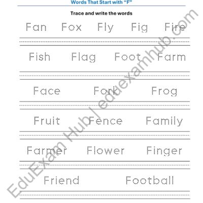 class 1 letter f vocabulary tracing worksheet