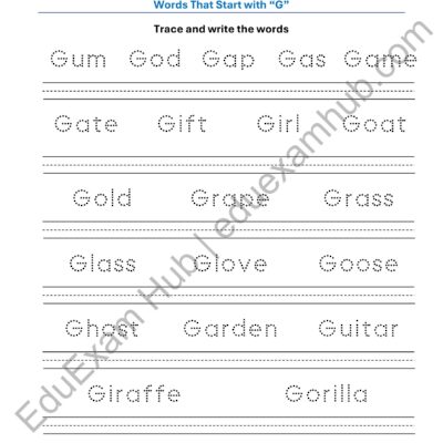 class 1 letter g vocabulary tracing worksheet