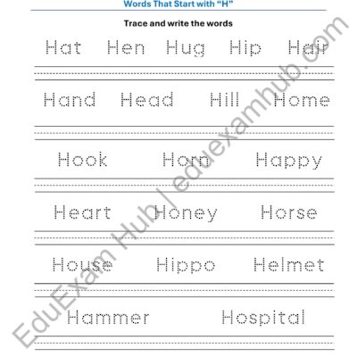 class 1 letter h vocabulary tracing worksheet