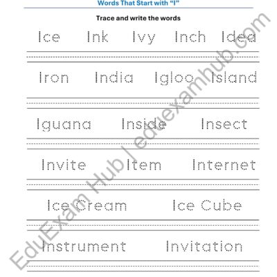 class 1 letter i vocabulary tracing worksheet