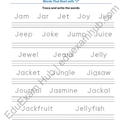 class 1 letter j vocabulary tracing worksheet