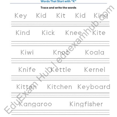class 1 letter k vocabulary tracing worksheet