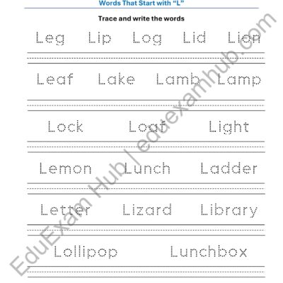 class 1 letter l vocabulary tracing worksheet