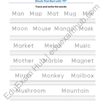 class 1 letter m vocabulary tracing worksheet