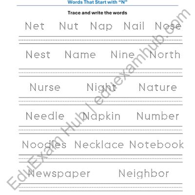 class 1 letter n vocabulary tracing worksheet