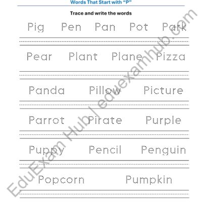 class 1 letter p vocabulary tracing worksheet