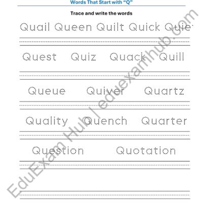 class 1 letter q vocabulary tracing worksheet