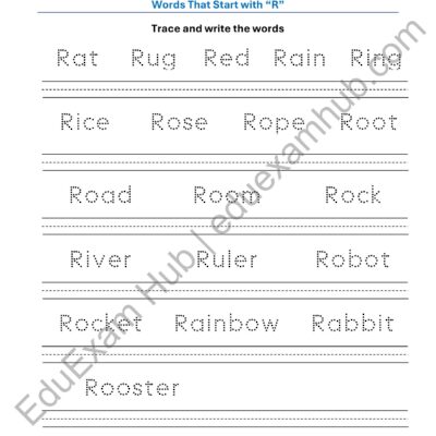 class 1 letter r vocabulary tracing worksheet