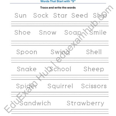 class 1 letter s vocabulary tracing worksheet