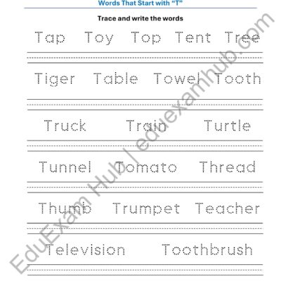 class 1 letter t vocabulary tracing worksheet